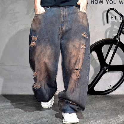 Men’s Baggy Ripped Jeans – Distressed Stacked Denim Pants | Hip Hop & Korean Streetwear Style - SMARTMARTNZ