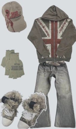 Men’s Loose Fit Flag Hoodie – Vintage Y2K Zip - Up Sportswear Style - SMARTMARTNZ