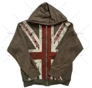 Men’s Loose Fit Flag Hoodie – Vintage Y2K Zip - Up Sportswear Style - SMARTMARTNZ