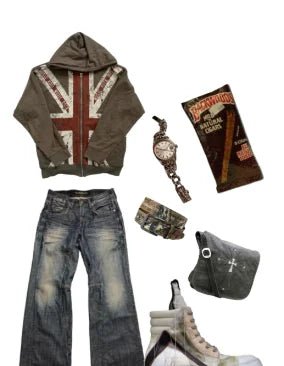 Men’s Loose Fit Flag Hoodie – Vintage Y2K Zip - Up Sportswear Style - SMARTMARTNZ