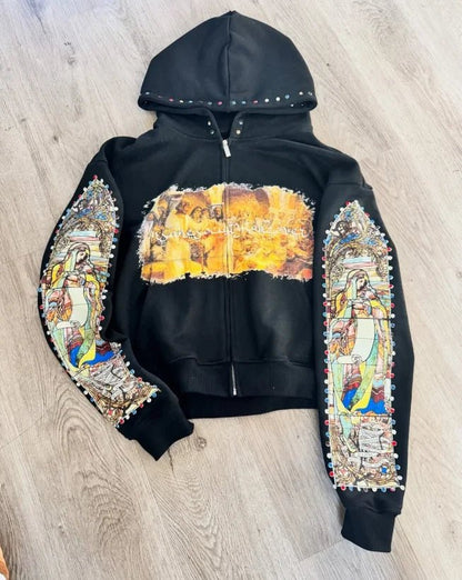 Men’s Loose Fit Flag Hoodie – Vintage Y2K Zip - Up Sportswear Style - SMARTMARTNZ