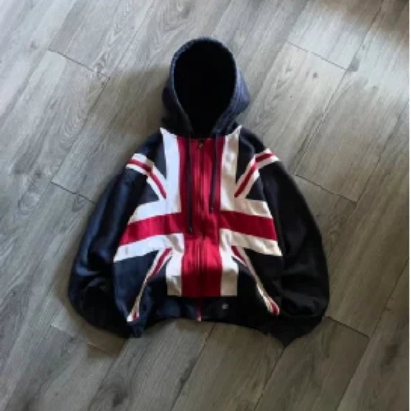Men’s Loose Fit Flag Hoodie – Vintage Y2K Zip - Up Sportswear Style - SMARTMARTNZ