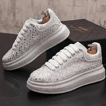 Men’s Luxury Rhinestone Sneakers – Thick Bottom Low - Top Casual Shoes | Korean Trend Full Diamond Bling Fashion (Model 1A12) - SMARTMARTNZ
