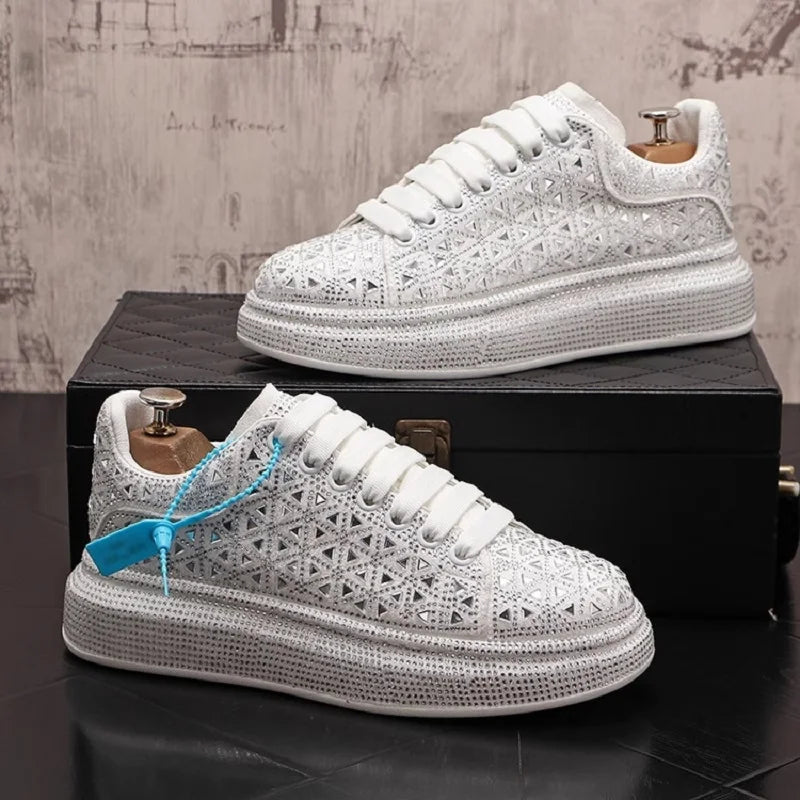 Men’s Luxury Rhinestone Sneakers – Thick Bottom Low - Top Casual Shoes | Korean Trend Full Diamond Bling Fashion (Model 1A12) - SMARTMARTNZ