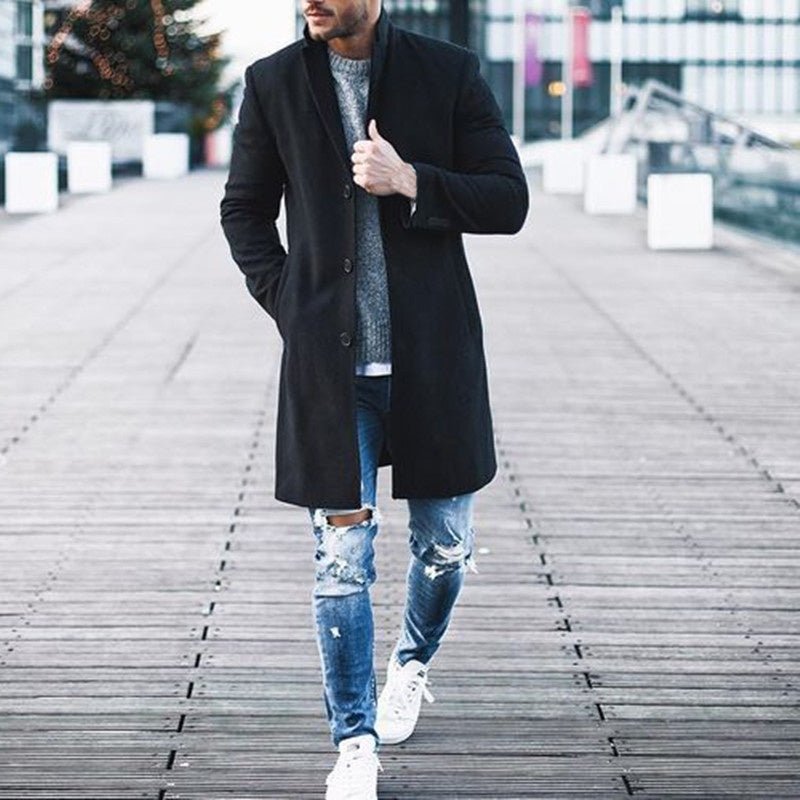 Men’s Winter Trench Jacket – Slim Fit Long Coat in Khaki & Black - SMARTMARTNZ