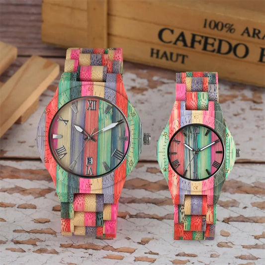 Natural Bamboo Wooden Couple Watches – Eco - Friendly Quartz Timepiece with Multicolored Bracelet – His & Her Matching Set - SMARTMARTNZ