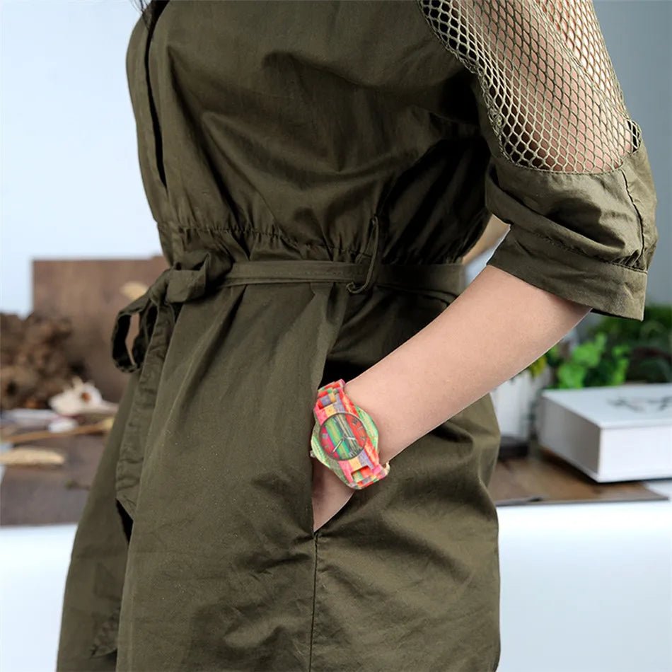 Natural Bamboo Wooden Couple Watches – Eco - Friendly Quartz Timepiece with Multicolored Bracelet – His & Her Matching Set - SMARTMARTNZ