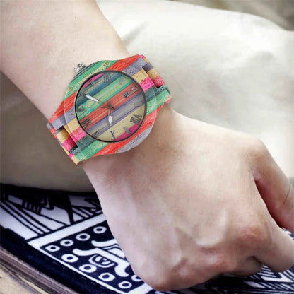 Natural Bamboo Wooden Couple Watches – Eco - Friendly Quartz Timepiece with Multicolored Bracelet – His & Her Matching Set - SMARTMARTNZ