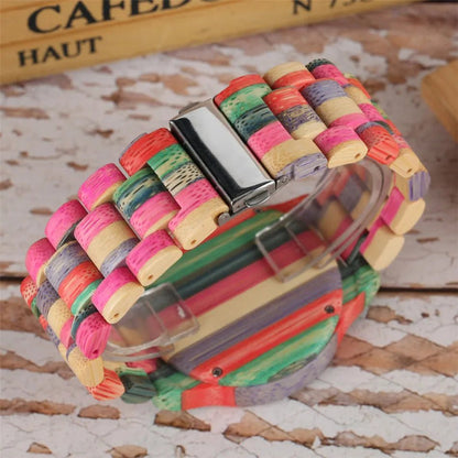 Natural Bamboo Wooden Couple Watches – Eco - Friendly Quartz Timepiece with Multicolored Bracelet – His & Her Matching Set - SMARTMARTNZ