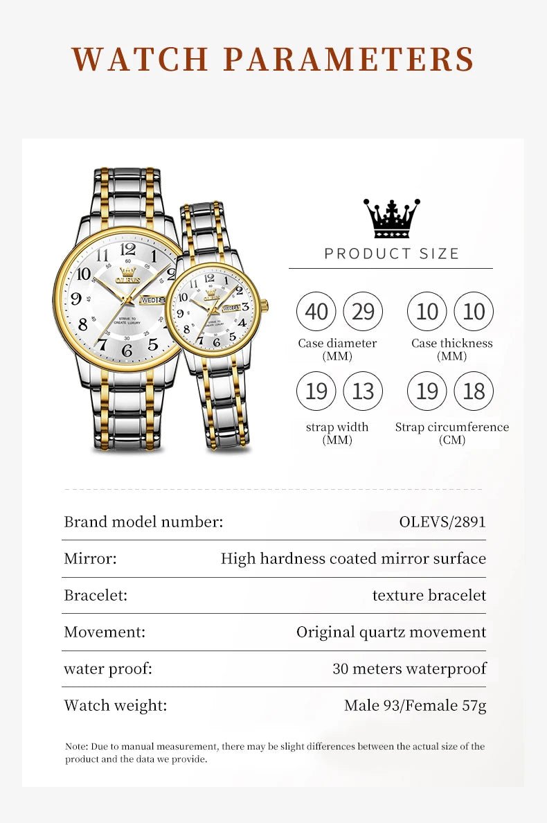OLEVS 2891 High - Quality Couple Watches – Digital Dial Stainless Steel Quartz Wristwatches for Men & Women - SMARTMARTNZ