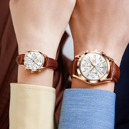 OLEVS Couple Watches – Waterproof Quartz Chronograph Design with Leather Strap for Men & Women | Luxury His & Hers Gift Set - SMARTMARTNZ