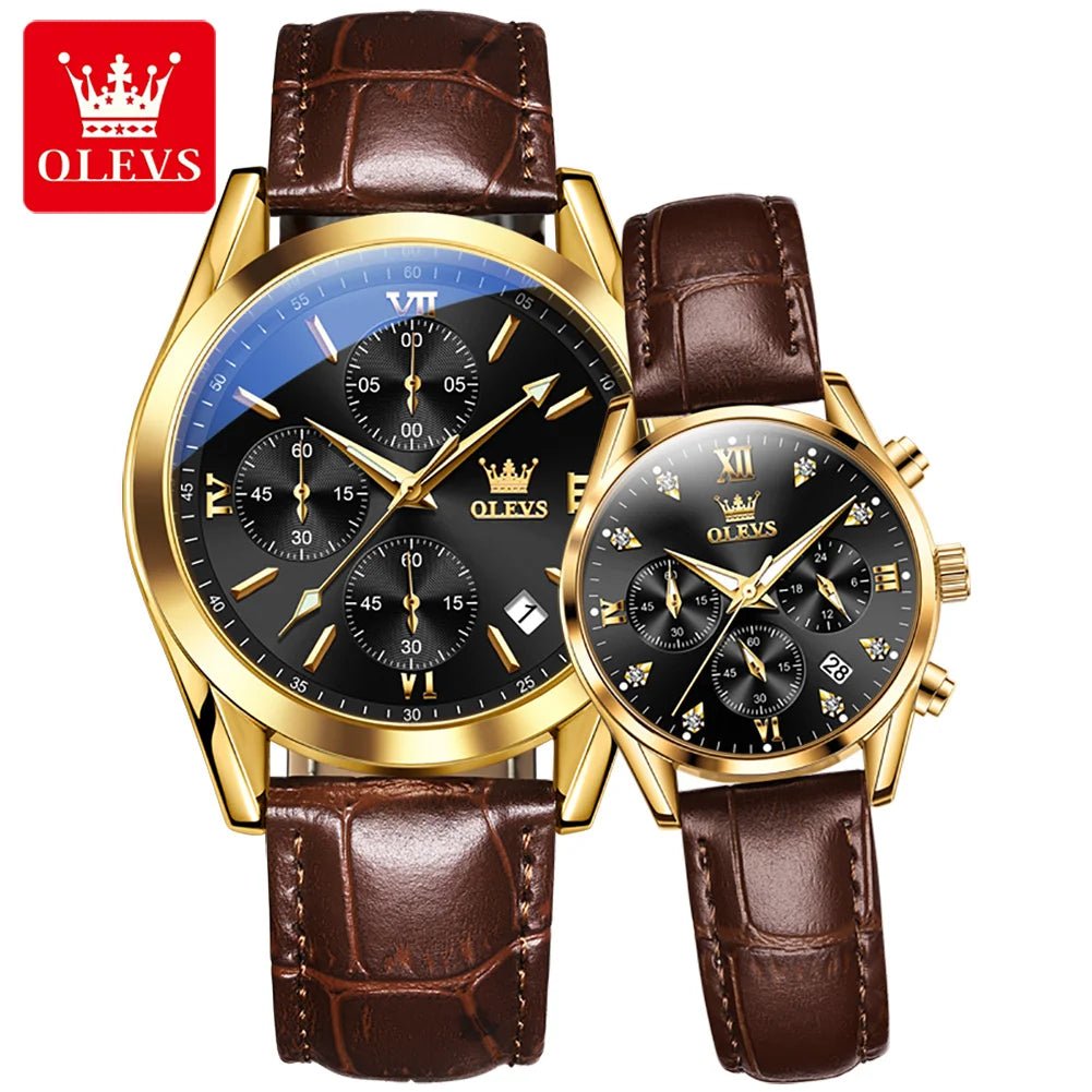 OLEVS Couple Watches – Waterproof Quartz Chronograph Design with Leather Strap for Men & Women | Luxury His & Hers Gift Set - SMARTMARTNZ
