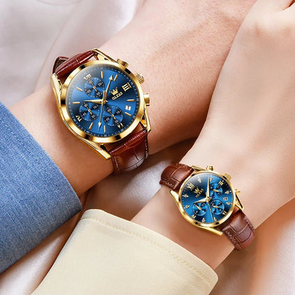 OLEVS Couple Watches – Waterproof Quartz Chronograph Design with Leather Strap for Men & Women | Luxury His & Hers Gift Set - SMARTMARTNZ