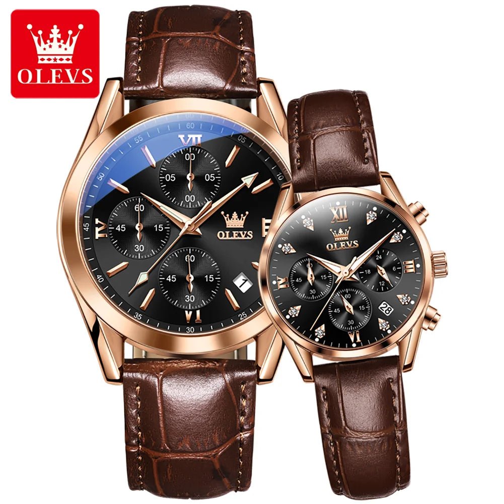 OLEVS Couple Watches – Waterproof Quartz Chronograph Design with Leather Strap for Men & Women | Luxury His & Hers Gift Set - SMARTMARTNZ