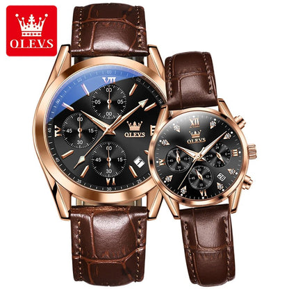 OLEVS Couple Watches – Waterproof Quartz Chronograph Design with Leather Strap for Men & Women | Luxury His & Hers Gift Set - SMARTMARTNZ