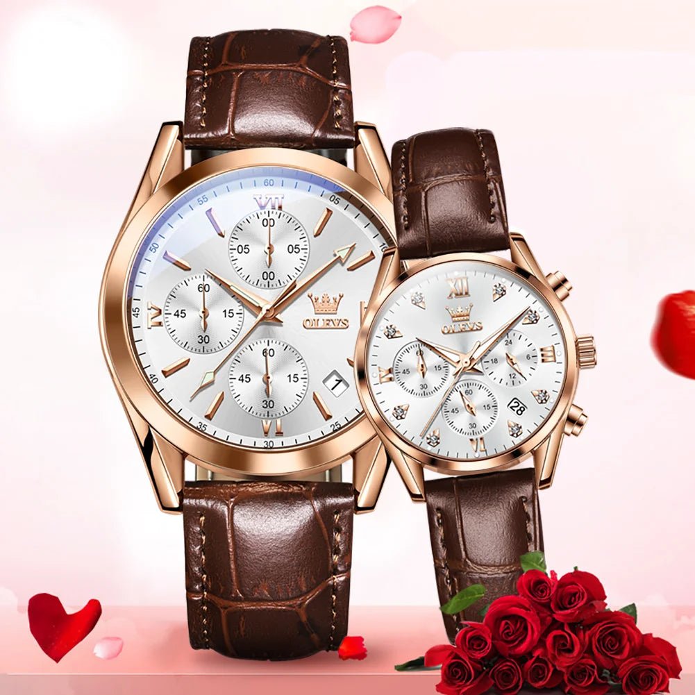 OLEVS Couple Watches – Waterproof Quartz Chronograph Design with Leather Strap for Men & Women | Luxury His & Hers Gift Set - SMARTMARTNZ