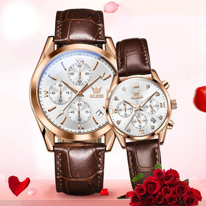 OLEVS Couple Watches – Waterproof Quartz Chronograph Design with Leather Strap for Men & Women | Luxury His & Hers Gift Set - SMARTMARTNZ