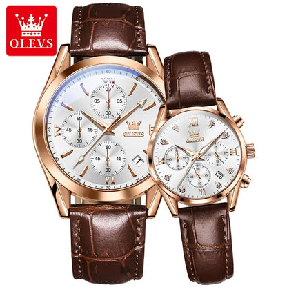 OLEVS Couple Watches – Waterproof Quartz Chronograph Design with Leather Strap for Men & Women | Luxury His & Hers Gift Set - SMARTMARTNZ