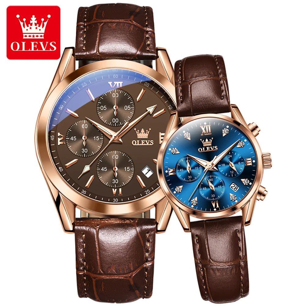 OLEVS Couple Watches – Waterproof Quartz Chronograph Design with Leather Strap for Men & Women | Luxury His & Hers Gift Set - SMARTMARTNZ