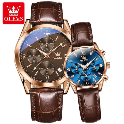 OLEVS Couple Watches – Waterproof Quartz Chronograph Design with Leather Strap for Men & Women | Luxury His & Hers Gift Set - SMARTMARTNZ