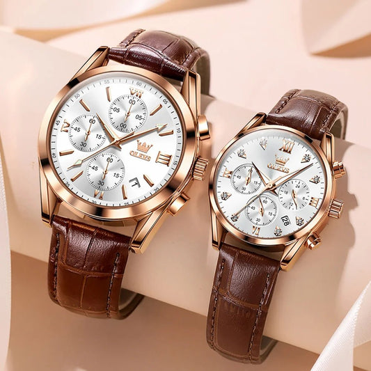 OLEVS Couple Watches – Waterproof Quartz Chronograph Design with Leather Strap for Men & Women | Luxury His & Hers Gift Set - SMARTMARTNZ