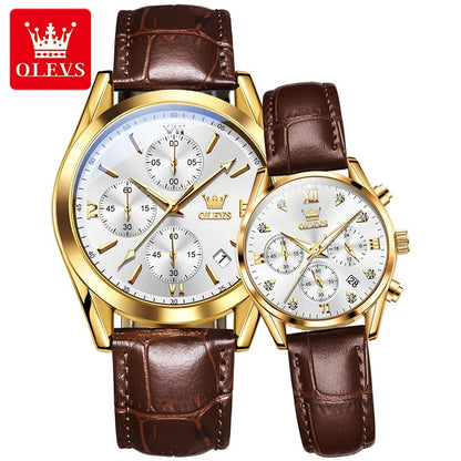 OLEVS Couple Watches – Waterproof Quartz Chronograph Design with Leather Strap for Men & Women | Luxury His & Hers Gift Set - SMARTMARTNZ