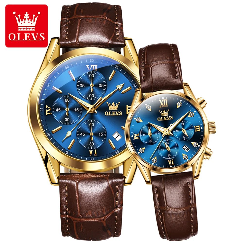 OLEVS Couple Watches – Waterproof Quartz Chronograph Design with Leather Strap for Men & Women | Luxury His & Hers Gift Set - SMARTMARTNZ