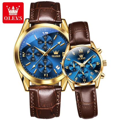 OLEVS Couple Watches – Waterproof Quartz Chronograph Design with Leather Strap for Men & Women | Luxury His & Hers Gift Set - SMARTMARTNZ