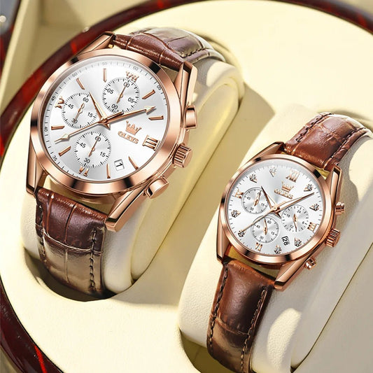 OLEVS Couple Watches – Waterproof Quartz Chronograph Design with Leather Strap for Men & Women | Luxury His & Hers Gift Set - SMARTMARTNZ