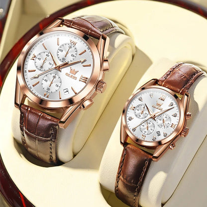 OLEVS Couple Watches – Waterproof Quartz Chronograph Design with Leather Strap for Men & Women | Luxury His & Hers Gift Set - SMARTMARTNZ