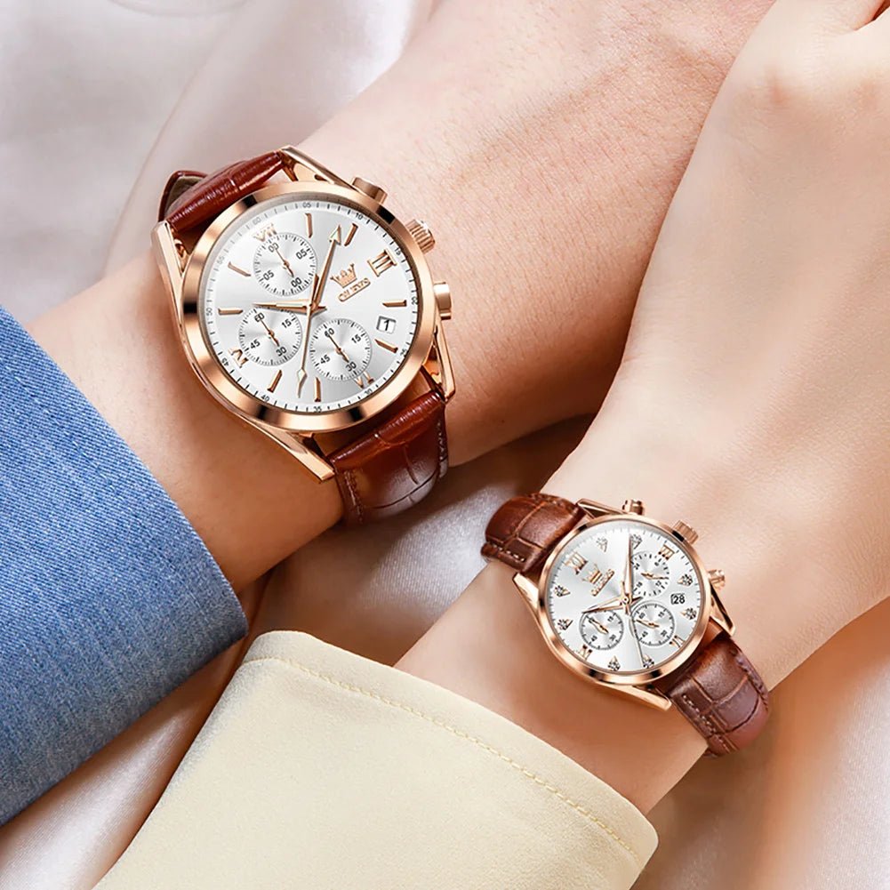 OLEVS Couple Watches – Waterproof Quartz Chronograph Design with Leather Strap for Men & Women | Luxury His & Hers Gift Set - SMARTMARTNZ