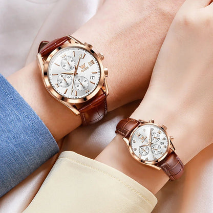 OLEVS Couple Watches – Waterproof Quartz Chronograph Design with Leather Strap for Men & Women | Luxury His & Hers Gift Set - SMARTMARTNZ