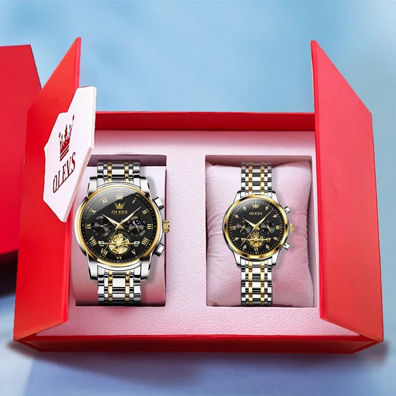OLEVS Luxury Couple Quartz Watch Set – Waterproof, Luminous Dial, Day - Date Display – His & Her Gift Timepiece - SMARTMARTNZ