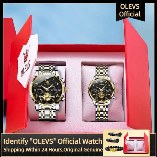 OLEVS Luxury Couple Quartz Watch Set – Waterproof, Luminous Dial, Day - Date Display – His & Her Gift Timepiece - SMARTMARTNZ