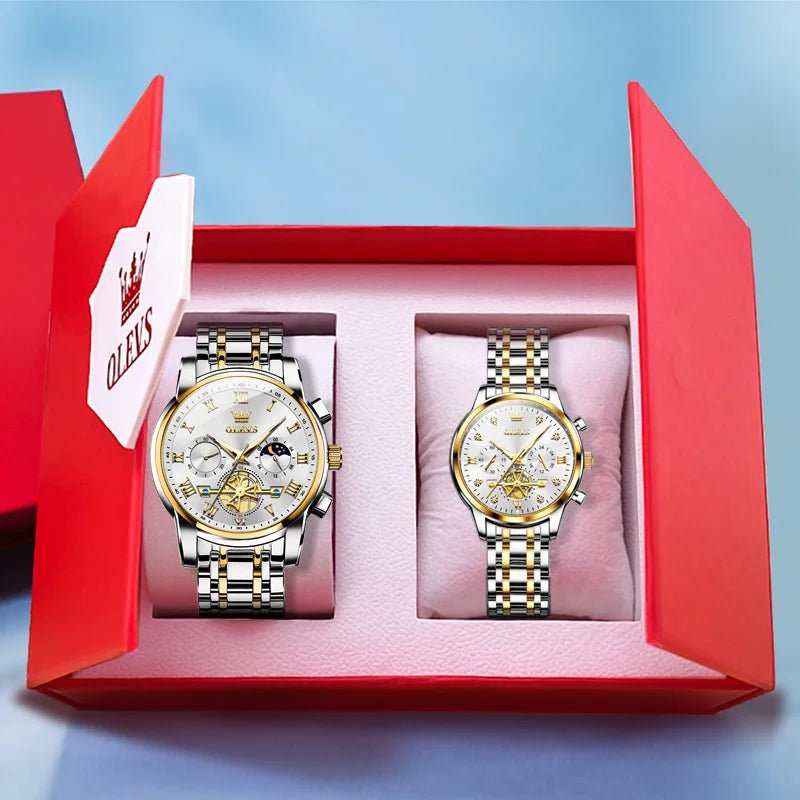 OLEVS Luxury Couple Quartz Watch Set – Waterproof, Luminous Dial, Day - Date Display – His & Her Gift Timepiece - SMARTMARTNZ