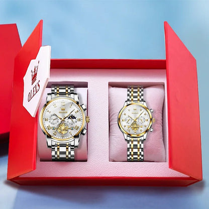 OLEVS Luxury Couple Quartz Watch Set – Waterproof, Luminous Dial, Day - Date Display – His & Her Gift Timepiece - SMARTMARTNZ