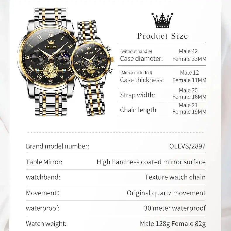 OLEVS Luxury Couple Quartz Watch Set – Waterproof, Luminous Dial, Day - Date Display – His & Her Gift Timepiece - SMARTMARTNZ