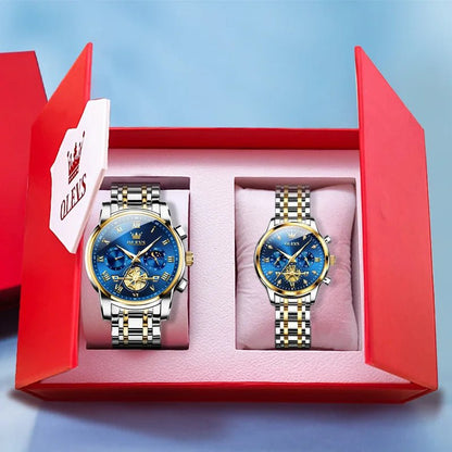 OLEVS Luxury Couple Quartz Watch Set – Waterproof, Luminous Dial, Day - Date Display – His & Her Gift Timepiece - SMARTMARTNZ