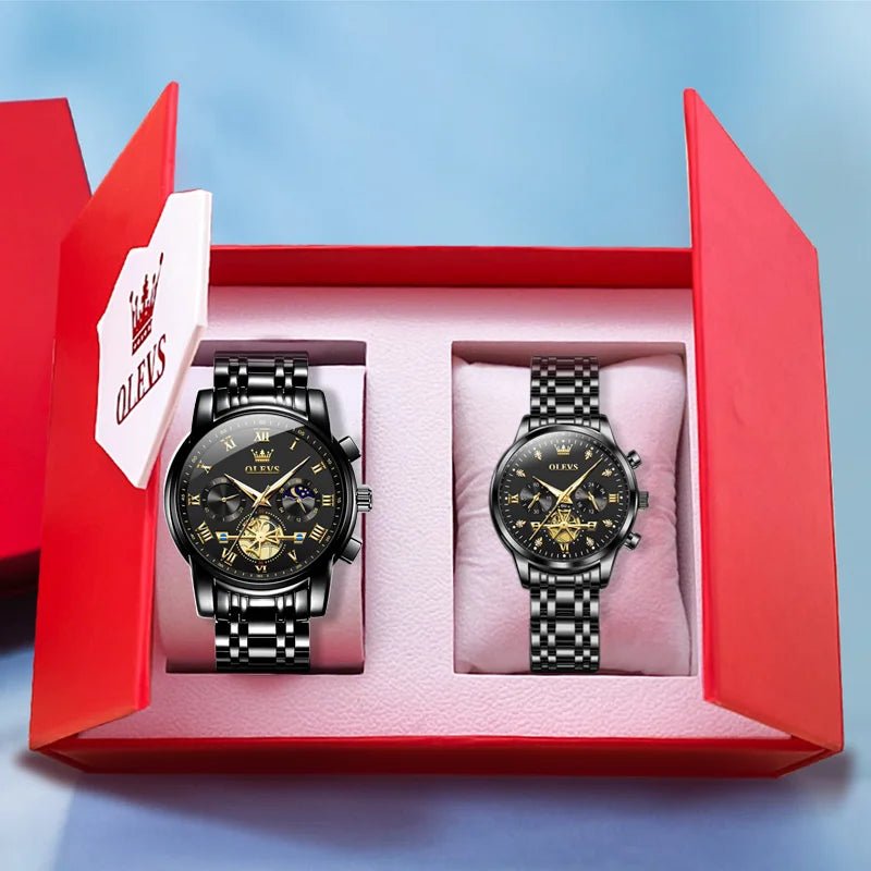 OLEVS Luxury Couple Quartz Watch Set – Waterproof, Luminous Dial, Day - Date Display – His & Her Gift Timepiece - SMARTMARTNZ