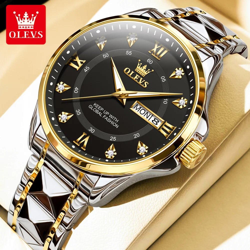 OLEVS Luxury Gold Couple Watch Set – Dual Calendar Stainless Steel Quartz Watches for Men & Women – Waterproof & Luminous Design - SMARTMARTNZ