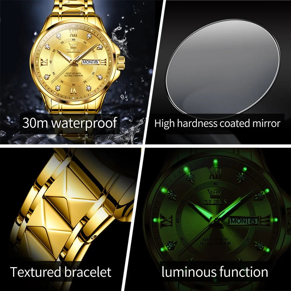 OLEVS Luxury Gold Couple Watch Set – Dual Calendar Stainless Steel Quartz Watches for Men & Women – Waterproof & Luminous Design - SMARTMARTNZ