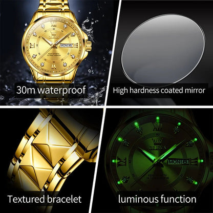 OLEVS Luxury Gold Couple Watch Set – Dual Calendar Stainless Steel Quartz Watches for Men & Women – Waterproof & Luminous Design - SMARTMARTNZ