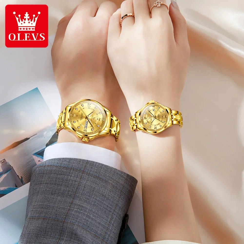 OLEVS Luxury Gold Couple Watch Set – Dual Calendar Stainless Steel Quartz Watches for Men & Women – Waterproof & Luminous Design - SMARTMARTNZ