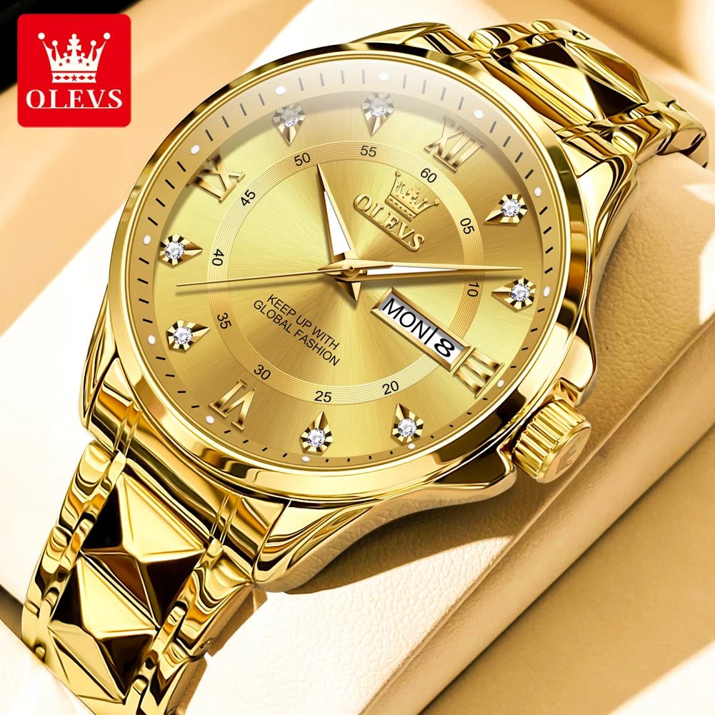 OLEVS Luxury Gold Couple Watch Set – Dual Calendar Stainless Steel Quartz Watches for Men & Women – Waterproof & Luminous Design - SMARTMARTNZ