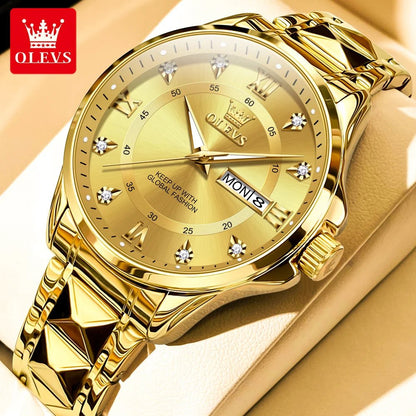 OLEVS Luxury Gold Couple Watch Set – Dual Calendar Stainless Steel Quartz Watches for Men & Women – Waterproof & Luminous Design - SMARTMARTNZ