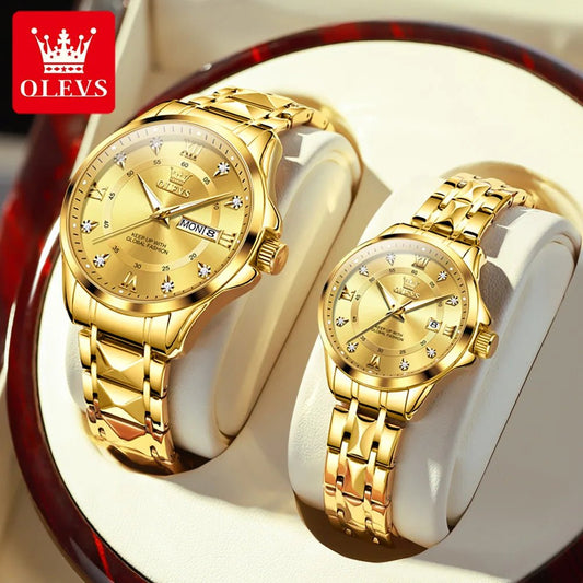 OLEVS Luxury Gold Couple Watch Set – Dual Calendar Stainless Steel Quartz Watches for Men & Women – Waterproof & Luminous Design - SMARTMARTNZ
