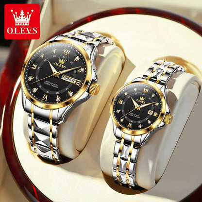 OLEVS Luxury Gold Couple Watch Set – Dual Calendar Stainless Steel Quartz Watches for Men & Women – Waterproof & Luminous Design - SMARTMARTNZ
