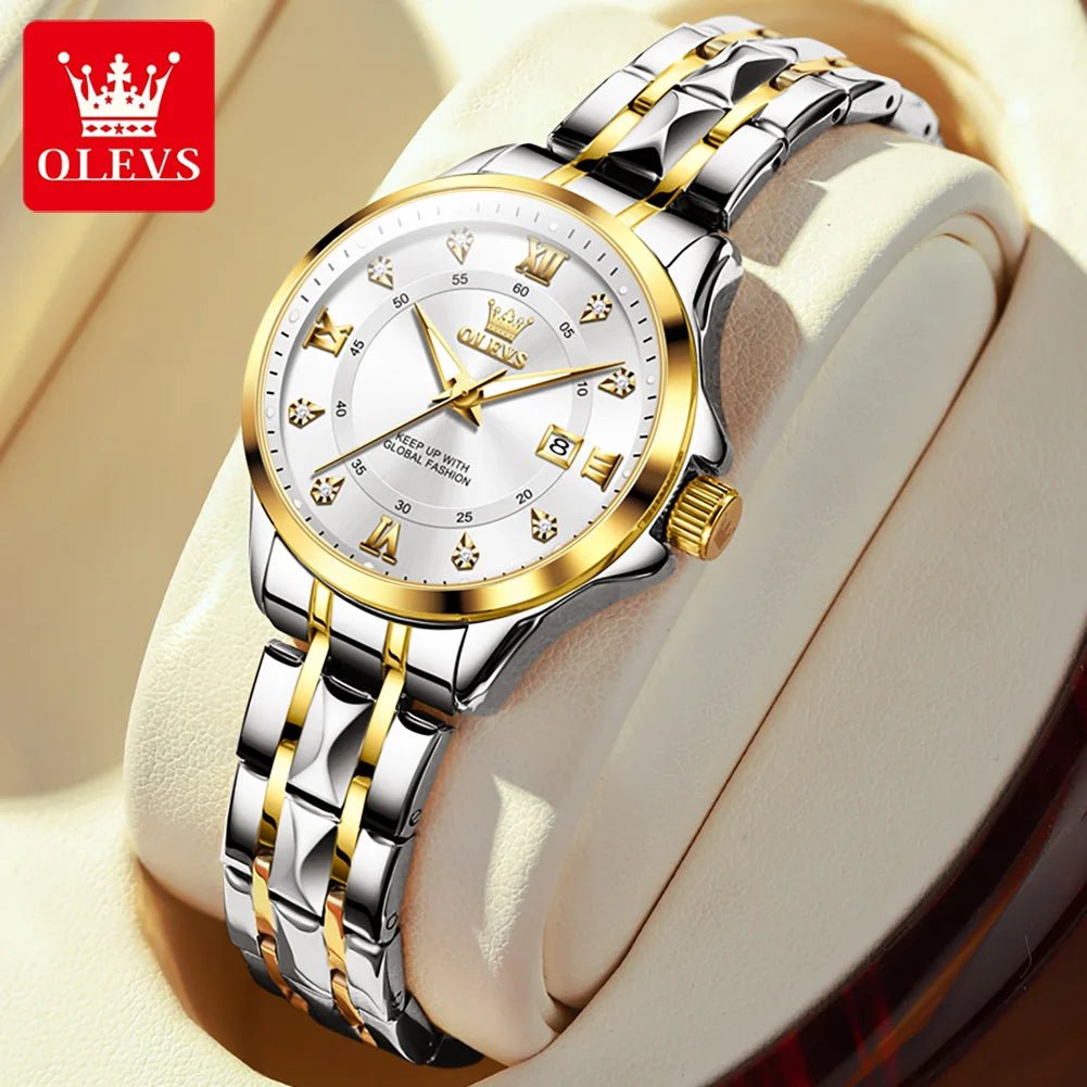 OLEVS Luxury Gold Couple Watch Set – Dual Calendar Stainless Steel Quartz Watches for Men & Women – Waterproof & Luminous Design - SMARTMARTNZ