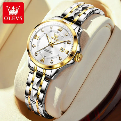 OLEVS Luxury Gold Couple Watch Set – Dual Calendar Stainless Steel Quartz Watches for Men & Women – Waterproof & Luminous Design - SMARTMARTNZ