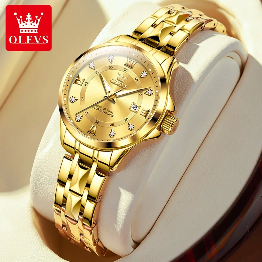 OLEVS Luxury Gold Couple Watch Set – Dual Calendar Stainless Steel Quartz Watches for Men & Women – Waterproof & Luminous Design - SMARTMARTNZ